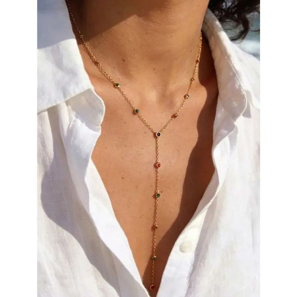 Gold Y shape multicolor stone Necklace A1747